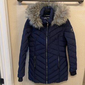 Nautica Women's Faux Fur Trim Hooded Puffer Coat Blue Size Small